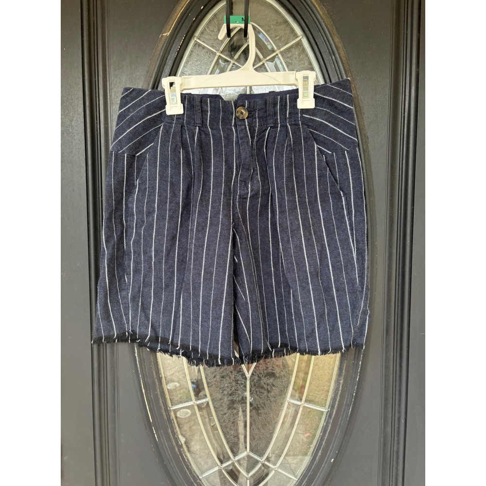 Free People Navy‎ Blue Pinstripe High Rise Raw Hem Shorts Womens Size 2